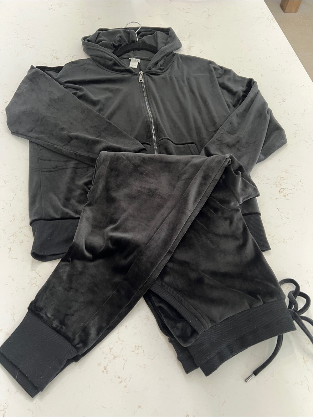 Velour Zip Hoodie & Joggers Set - Black Track Pants & Hooded Jacket